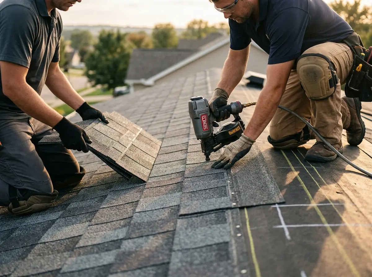 Professional roofer working on a residential roof in Chambersburg